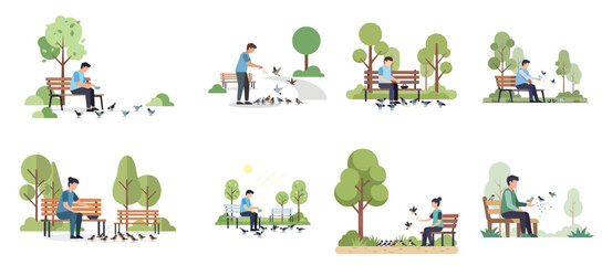 A person feeding birds in a small park, minimal flat vector illustration set, peaceful daily lifestyle scene, no outline, white background © Haris Lost