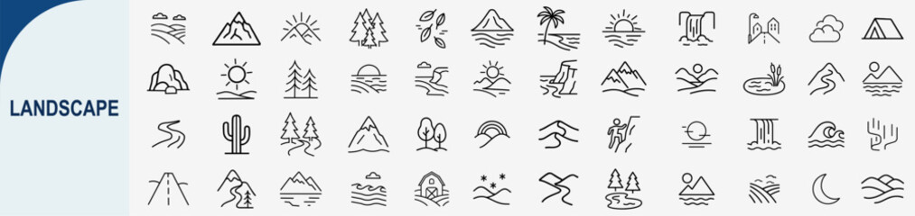 Fototapeta premium landscape outline icons, nature environment vector set collection