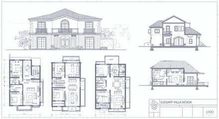 Naklejka premium Elegant Villa Architectural Drawings Detailed Plans and Elevations for Residential Design