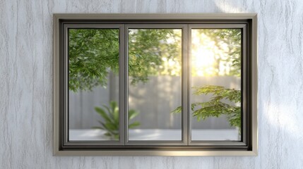 Fototapeta premium Sunlit modern window framing green foliage outside in warm light