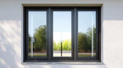 Fototapeta premium Triple Pane Black Window Framed by White Modern Facade with Reflection
