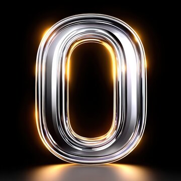 Shiny chrome zero numeral with neon glow against dark background for futuristic design