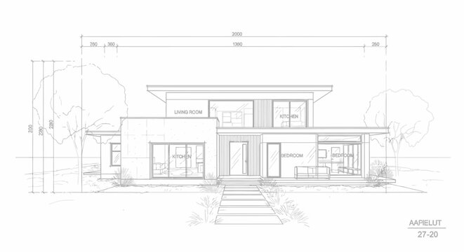 Architectural blueprint of a modern two-story residential house with detailed dimensions and exterior features
