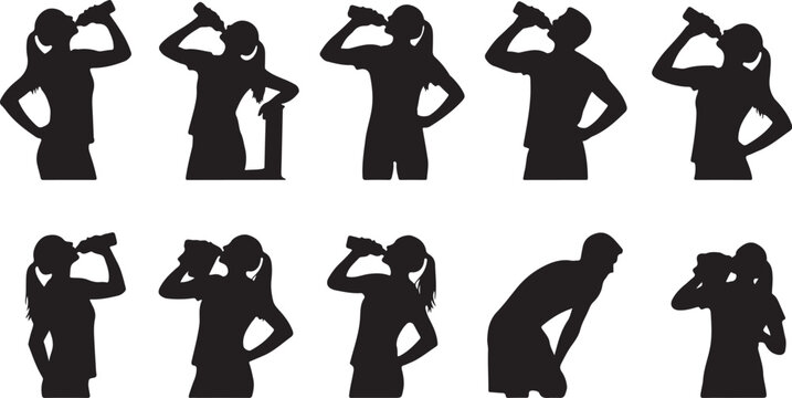 Silhouettes of people drinking from bottles in various poses