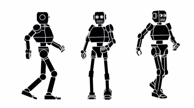 Pictogram style robot walking. Side, front, and perspective angles. Minimal black silhouette robotic character with clean geometric design. Seamless Loop With Alpha Channel