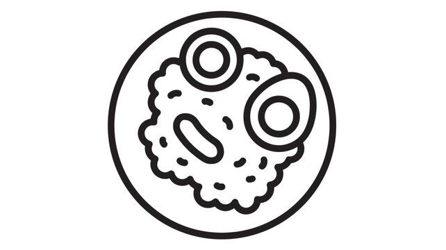 Dish with rice and eggs icon with black outline on white background, representing food and breakfast meal simplicity.