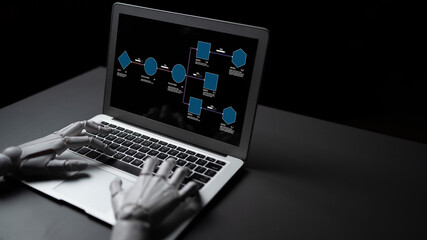 Fototapeta premium Robotic Hand Typing on Laptop Displaying Flowchart with Geometric Shapes on Dark Background for Technology and Innovation Concept Quark.