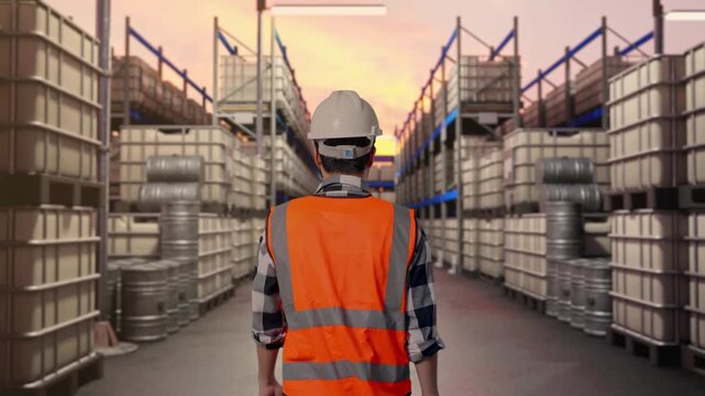 Back of Asian Male Engineer Walking at Warehouse with Stacked Chemical IBC Containers and Barrels at Sunset