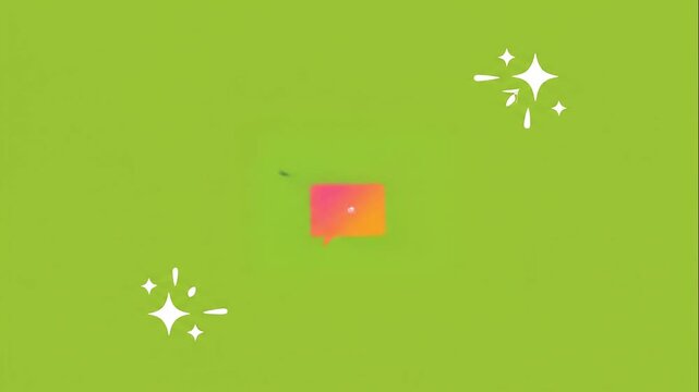 Bright green background with a pink speech bubble containing a smiling face with heart-shaped eyes, surrounded by playful decorative elements