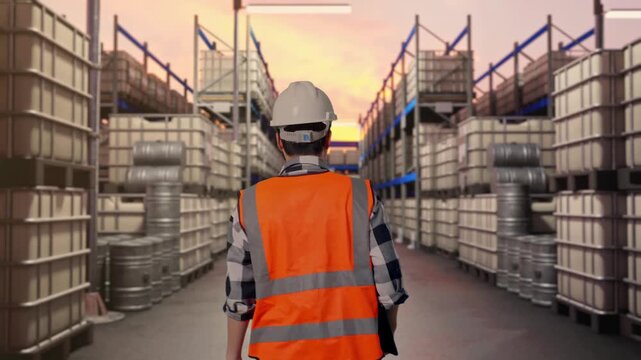 Back of Asian Male Engineer Holding Tablet While Walking at Warehouse with Stacked Chemical IBC Containers and Barrels at Sunset