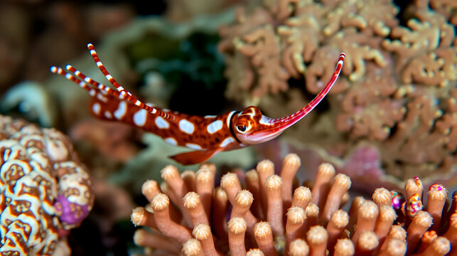 Close-up of a Messmate pipefish (Corythoichthys intestinalis) swimming over coral reefs in Bawean Island, Indonesia.