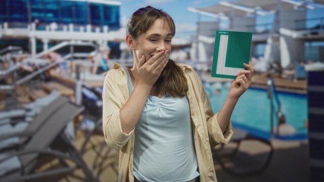 Woman holds green learner card and covers mouth with hand on cruise ship pool deck building by loungers and poolside; surprise.