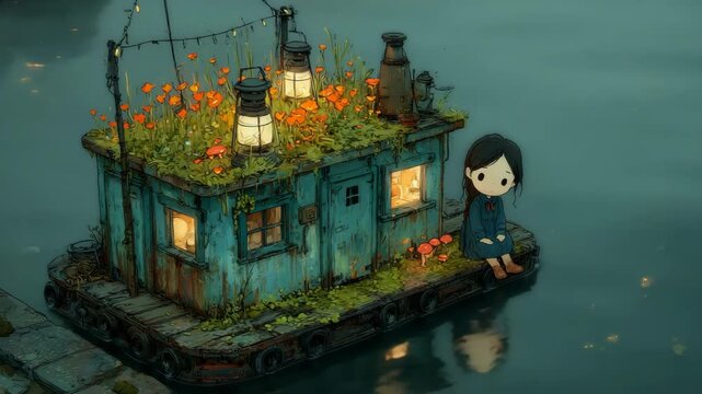 Dreamy Floating Tiny House with Glowing Lanterns and Flowers on Calm Water Creating Whimsical Fantasy Environment and Peaceful Storybook Scene