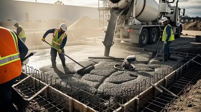 Construction workers smoothing fresh concrete on industrial site with rebar grid