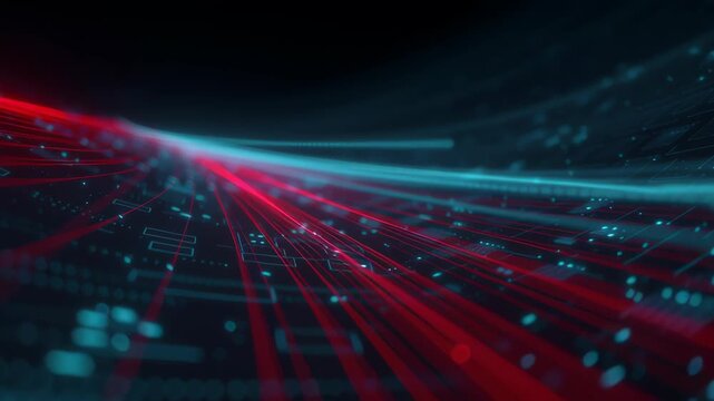Neural network big data flow visualization binary code matrix machine learning abstract background quantum computing cyber streaming light trail luminous scene where red and cyan streams form flowing