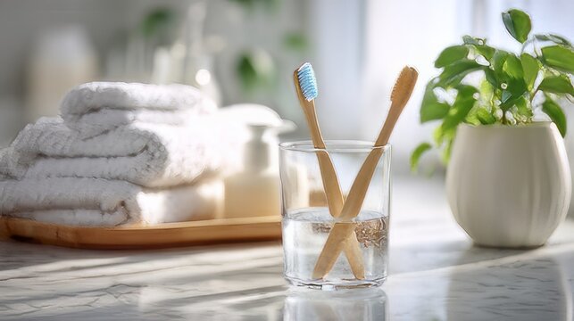 Eco friendly bathroom accessories, including bamboo toothbrushes and towels for a sustainable zero waste lifestyle. 