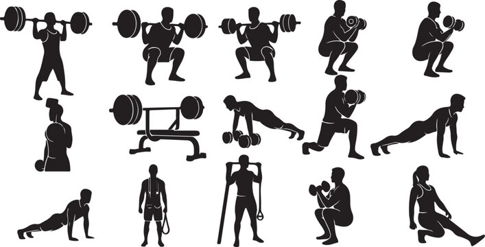 Silhouettes of people exercising with weights and equipment