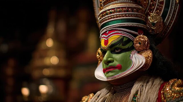 Kathakali Dancer Performing Traditional Indian Classical Theater with Elaborate Green Makeup, Ornate Costume and Intense Expressive Storytelling