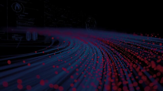 Neural network big data flow visualization binary code matrix machine learning abstract background quantum computing cyber luminous curved stream of blue fibers and red nodes creating dynamic data