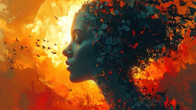 Woman's profile with shattered head, birds in fiery background