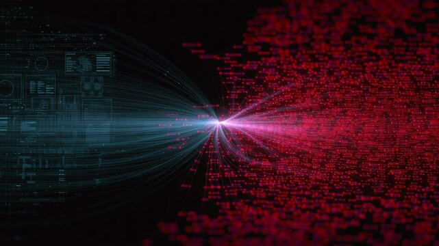 Neural network big data flow visualization binary code matrix machine learning abstract background quantum computing cyber creating dynamic stream of red and blue particles converging into luminous