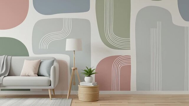 Modern living room with stylish sofa and decorative wallpaper