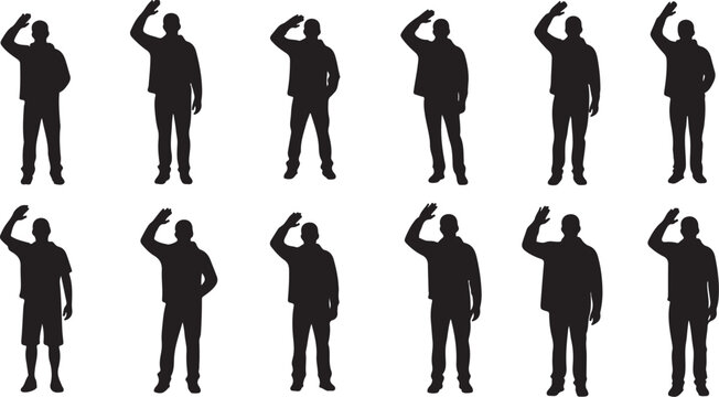 Silhouettes of men saluting in various poses and outfits