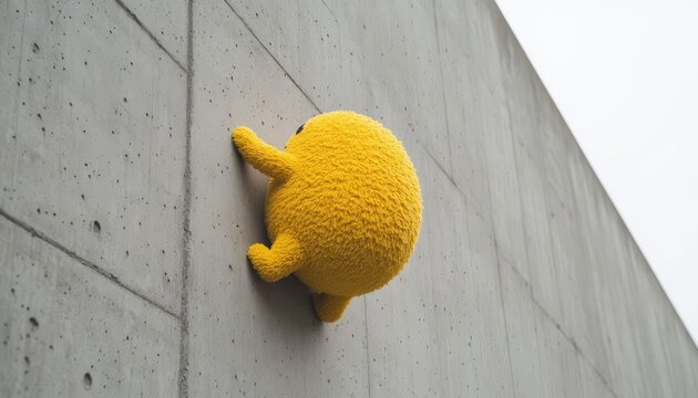 A large, round yellow object is climbing a textured concrete wall. The yellow object appears fluffy and playful, contrasting with the rough surface of the wall.
