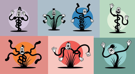 Fototapeta premium Vintage Rubber Hose Character Set - Retro 1930s Cartoon Style Illustrations - Surreal Rubber Hose Monsters with Wavy Limbs and Classic Gloved Hands - 7 Unique Vector Mascot Designs 