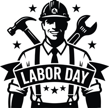 A bold monochrome emblem celebrating workers and skilled trades. The central figure&mdash;a strong, smiling worker wearing a hard hat&mdash;stands in front of crossed tools (hammer and wrench) with a ribbon readi