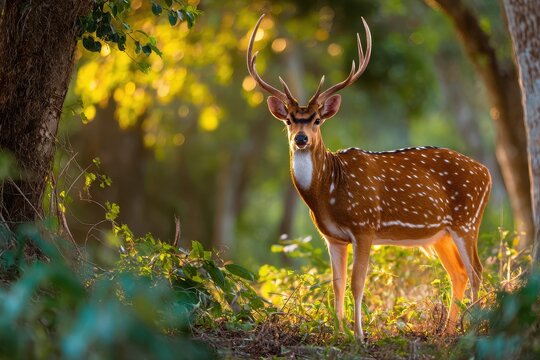 Axis deer buck in sunlit tropical woodland with spotted coat and antlers