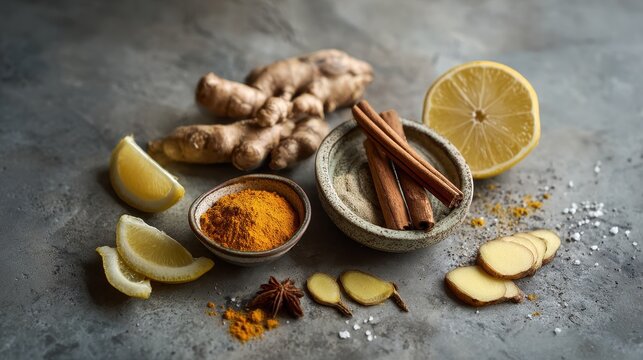 Ayurvedic hot drink ingredients arranged on a grey background with generous copy space