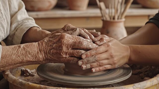Elder hands teaching a younger person to make pottery on a wheel. Intergenerational connection and passing down the craft of shaping clay. Handmade concept