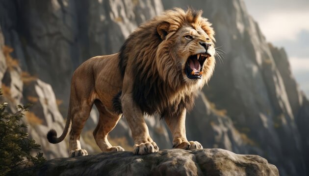 A lion stands on a rocky ledge, roaring fiercely. The lion's mane and powerful body are highlighted against the rugged mountains in the background.