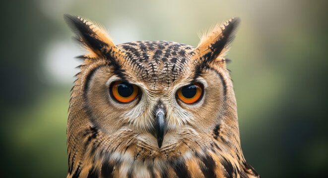 Close-up portrait of an impressive Philippine eagle owl with piercing orange eyes and striking facial markings in a natural outdoor setting