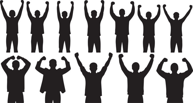 Silhouettes of people celebrating with raised arms in unison