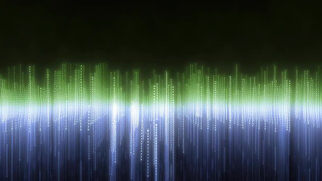 Green blue digital code glitch crt compression pixel breakdown motion matrix overlay tech analog skyline of falling lights vertical light bars and falling pixel rain forming moody electronic data