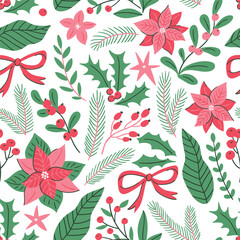 Vector winter plant seamless pattern. Christmas seamless wrapping paper design.  Fir branch, mistletoe, poinsettia, holly, branch with berry on white background.  © Utro na more