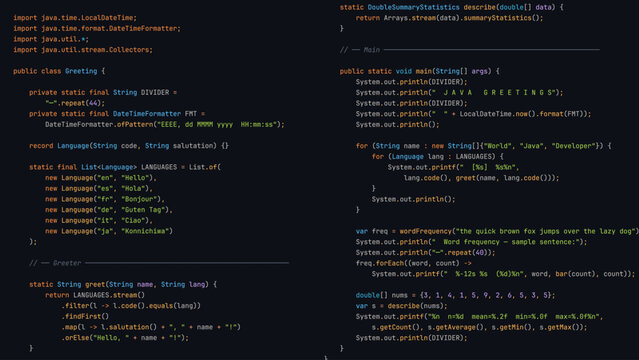 Coding Interface Showing Hello World Program in Modern Cross-Platform Programming Language. Clean Software Engineering Concept Visual.