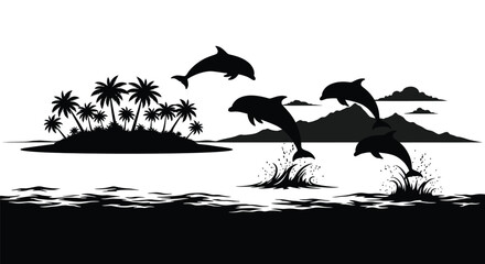 Tropical island scene with jumping dolphins in a dark silhouette © adobeamena