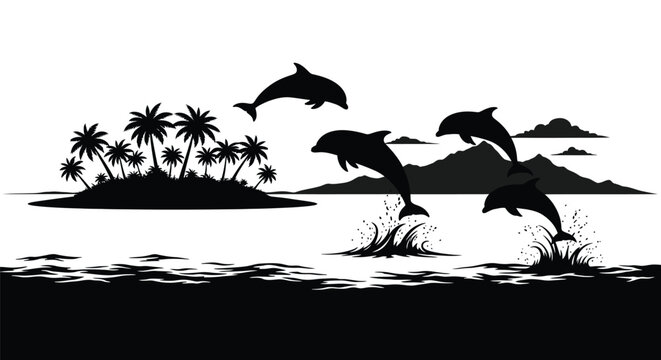 Tropical island scene with jumping dolphins in a dark silhouette