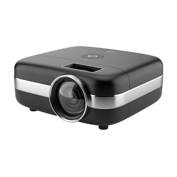 Portable black projector with silver accents and lens on transparent background