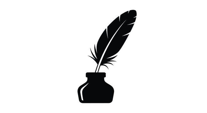 A black inkwell with a quill pen beautifully rendered as a silhouette