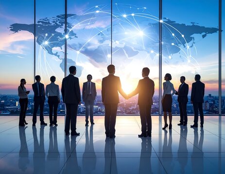 Silhouetted businesspeople in front of a world map and sunrise