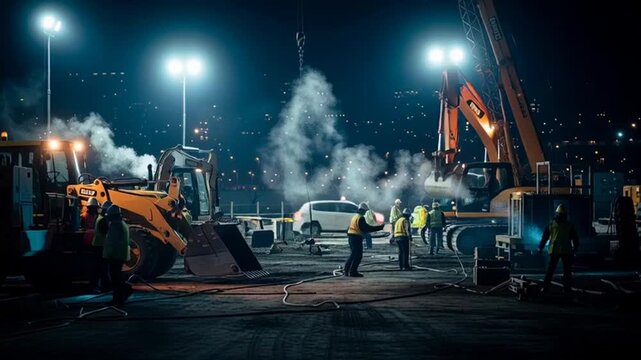 Night construction site with excavator and workers under bright floodlights