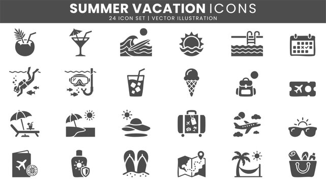 Summer vacation travel leisure icons vector set