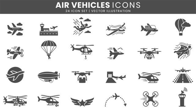Air vehicles aviation transport icons vector set