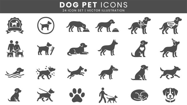 Dog pet care activity and service animal icons vector set