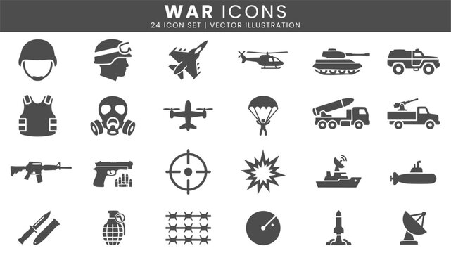 War military weapon and combat icons vector set