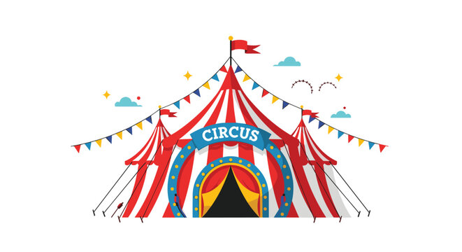 Traditional red and white striped circus tent stands tall with colorful flags and bunting under a bright blue sky.